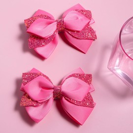 2PCS 4" Glitter Ribbon Hair Bow Clips Sparkly Sequins Alligator Barrettes Hairpin Girls Hair Bows Clips Hair Accessories Toddler Teen Girls Kids Back School (Hot Pink)