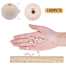 100 Pcs Wooden Beads Natural Round Wood Beads Unfinished Loose Wooden Balls for DIY Craft Making Macrame Beads Handmade Bracelet Jewellery Home Decorations (12mm)