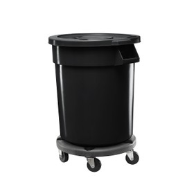 32 Gallon Black Round Commercial Trash Can with Lid and Dolly, Kitchen Waste Bin, Indoor Trash Can, Trash Bin, Durable Wastebasket, Garbage Can, Round Decorative Waste Receptacle for Office or Store