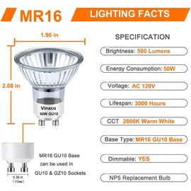 Vinaco GU10 Halogen Bulb Dimmable, GU10+c 110V 50W Candle Warmer Lamp Replacement, MR16 GU 10 50W Halogen Bulb 120V, 50 W MR16 with Glass Cover for Track&Recessed Lighting, 2800K Warm White, 6 Pack