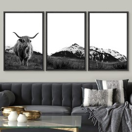SIGNWIN 3 Piece Framed Canvas Wall Art Highland Cattle in Front of Snowy Mountain Black and White Canvas Prints Home Artwork Decoration for Living Room,Bedroom - 24"x36"x3 Panels