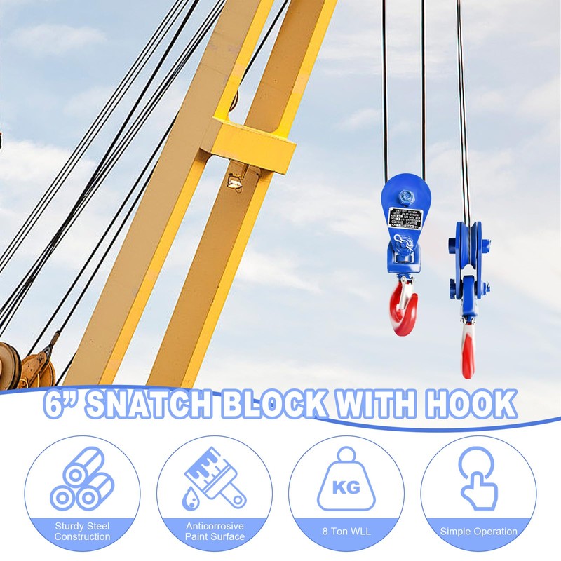 WULAZMU Snatch Block with Hook, 8 Ton 6" Sheave Fit