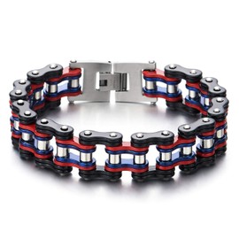 COOLSTEELANDBEYOND Masculine Style Mens Bike Chain Bracelet, Stainless Steel, Silver Black Red Blue, High Polished