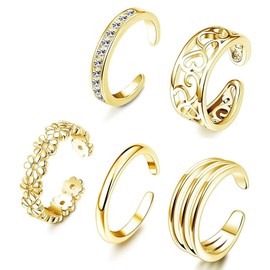LEEQBCR - 5 Pcs Toe Ring Made of 925 Sterling Silver, Women's Open Adjustable Band Ring, Ring, Jewellery (Gold)