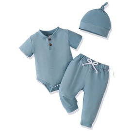 NZRVAWS Toddler Baby Boy Clothes 12-18 Months Ribbed Knitted Romper Cotton Long Pants Infant Outfits Hat Solid Clothing Set Blue