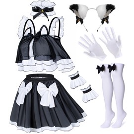 Wannsee Anime Crop-Top Maid Fancy Princess Skirt Cosplay Costume Furry Cat Ear Gloves Socks set(4XL)