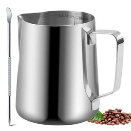 Milk Frother Cup, 12oz (350ml) Milk Frothing Pitcher Metal 304 Stainless Steel Steamer Cup, Coffee Milk Cappuccino Latte Art Barista Steaming Pitcher Espresso Jug with Decorating Pen