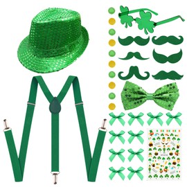 31Pcs St. Patricks Day Accessories Party Favors Set with Hat, Bow,Shamrock Glasses, Suspenders, Bow Tie, Mustaches, Nail Stickers, Coins, Decorations Party Favor Packs for Irish Party Supplies
