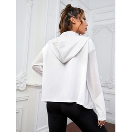 GORGLITTER Women's Zip Up Fishnet Insert Hooded Sports Jacket Drop Shoulder Pocket Coat White Medium