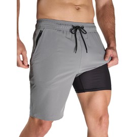 Arcweg Men's Swim Trunks 9" Swim Shorts with Compression Liner and Zipper Pockets Quick Dry Bathing Suit Swimsuit Beach Shorts, L Grey