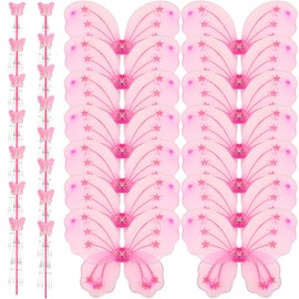 Chivao 15 Set Princess Fairy Wings Set 15 Pcs Butterfly Wings for Girls Butterfly Angel Wings 15 Pcs Fairy Wands Butterfly Costume for Girls Kids Christmas Dress up Role Play (Pink)