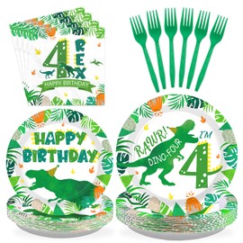 96Pcs Dinosaur 4th Birthday Decorations Dinosaur 4th Birthday Plates Roar Im Four Birthday Tableware Set for Boys Dinosaur 4th Birthday Party Four Year Old Birthday Party Decorations, Serves 24