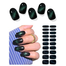 AutyaMee Semi Cured Gel Nail Strips (Black Green Cat Eye), 20 Pcs Gel Nail Wraps, Stickers, UV Light Required, Salon Quality, Long Lasting