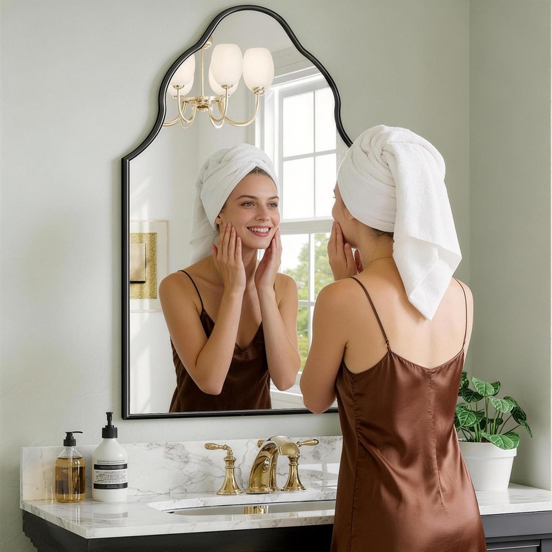 Scalloped Bathroom Mirror, 36" x 24" Arched Black Vanity Mirror