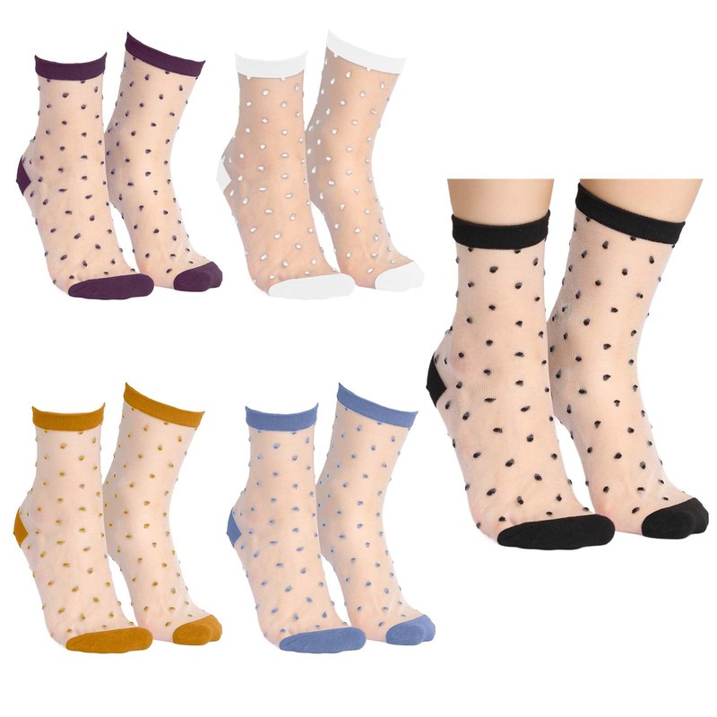 Hariendny 5 Pairs See-Through Socks Colorful Striped Dot Ultra-Thin Glass
