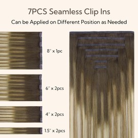 HOTBANANA Seamless Clip in Hair Extensions, 14 Inch 110g 7pcs Walnut Brown to Ash Brown and Bleach Blonde Invisible PU Skin Weft Straight Remy Human Hair Extensions