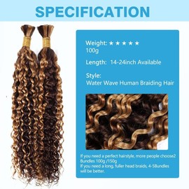 Human Braiding Hair Water Wave Bulk Ombre 100g 20 Inch P4/27 Curly for Boho Braids Extensions No Weft 2 Braids Per Pack Wet and Wavy Highlight