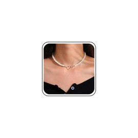 Cimenexe Bohemian Pearl Heart Choker Necklace Silver Hollow Heart Pendant Necklace Round Pearl Heart Collar Necklace Minimalist Heart Chain Necklace Jewelry for Women and Girls Gifts