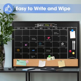 Board2by Monthly Chalkboard Calendar & Cork Board for Wall, 24"x36" Magnetic Chalk Calendar Board Combo Board, Large Wall Mounted Combination Board Blackboard for Office, Kitchen, School, Home, Black