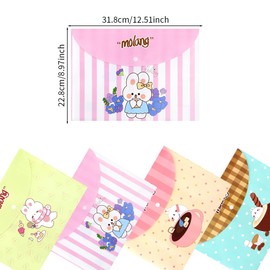 4 Pcs A4 File Folders Organizer,Cute Cartoon Rabbit Bunny Plastic Wallets Filing Envelopes Document Folders Document Files Popper with Button for Kid Business School Home Office