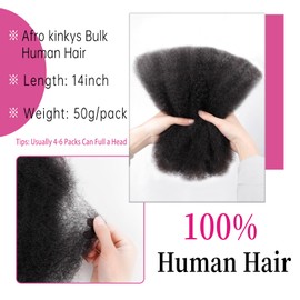 Afro Kinkys Bulk Human Hair For Braiding Afro Kinky-Curly Human Hair Bulk For Mini Twist Hair 14Inchs 50g/pack Bulk Human Braiding Hair For Micro Locs Extensions (1B, 14Inchs,50g/pack)