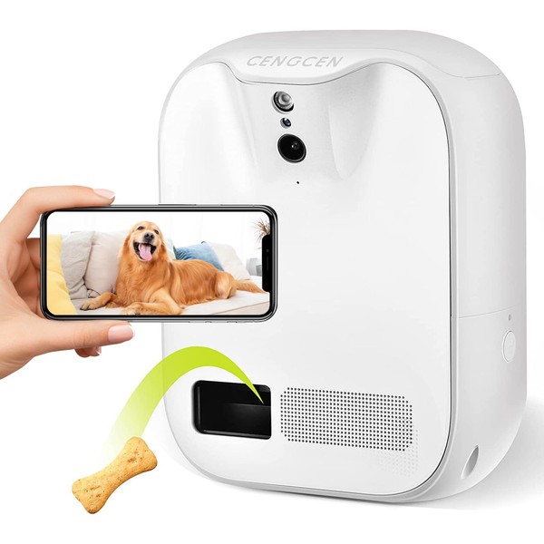 CENGCEN Pet Monitoring Camera Dog Treat Dispenser [New 2023 Pro] Two-Way Audio HD WiFi Dog Camera with 130° View, Remote Tossing App Compatible with Android/iOS, Night Vision, Wall Mounted
