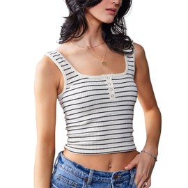 Bgylu Women's Striped Ribbed Knit Tank Top Summer Sleeveless Square Neck Button Front Y2K Crop Tops Tees (White-S)