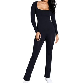 Popilush Long Sleeve Workout Fall Black Jumpsuit for Women Built in Bra Wide Leg Full Romper Square Neck Body Suits Outfits