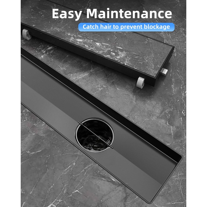 HTOH Shower Drain Offset for Bathroom: 18-Inch Black Linear Shower