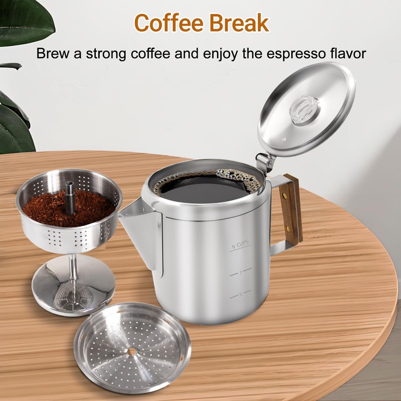 Vaolvpant No Coating 9 Cup Percolator Coffee Pot 304 Stainless