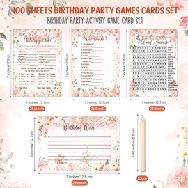 Fumete Birthday Party Games 100 Pcs Who Knows The Birthday Girl Game with 20 Pencils Girly Birthday Cards Set for Child Teen Adults Sweet Sleepover Party Supplies for Girls, 4 Activities (Rose)