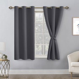 Hiasan Short Blackout Curtains for Bedroom - Thermal Insulated & Light Blocking Window Curtains for Living Room, 2 Drape Panels Sewn with Tiebacks, Dark Grey, 42 x 45 Inch