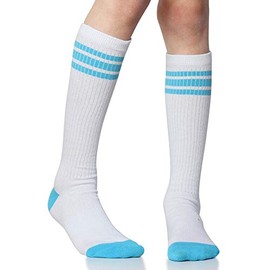 juDanzy Tall Knee High Sport Socks with Stripes and Anti-Slip Grips for Kids Toddlers and Children (4-6 White/Turquoise)