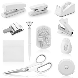 White Desk Accessory Kit Cute Office Supplies Set Desktop Stapler Set Includes Staple Remover Hole Punch Tape Dispenser Ballpoint Pen Scissor Mini Box Cutter Tape Measure Paper Clips Sticky Notes