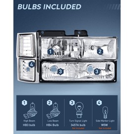 Nilight Headlight Assembly for 1994 1995 1996 1997 1998 Chevy Silverado Tahoe Suburban C10 C/K 1500 2500 3500 Replacement Headlamp Chrome Housing Clear Reflector Bumper Corner Lamp, 2 Years Warranty