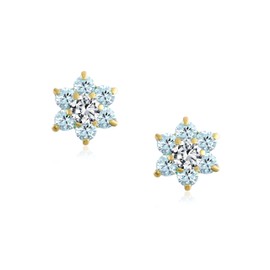 Tiny Aqua Blue CZ Flower Stud Earrings For Women For Teen Cubic Zirconia Simulated Aquamarine Real Gold Screw back