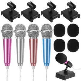 Milisten 4 Sets Mini Microphone, Karaoke Tiny Microphone, Portable Microphone with Clip Stand and Wind Muffs, Universal 3.5mm Connector for Phone, Laptop Chatting and Singing