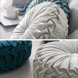 HLOVME Round Velvet Pillow for Couch Small Handmade Decorative Throw Pillow for Bed Bedroom 13.7” Light Grey