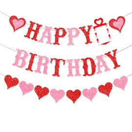 ANFEST Happy Birthday Banner Glitter Backdrop, Cardstock, Birthday Party Decorations, Paper Banner, 9.8FT for Indoor or Outdoor Parties, Red and Pink Color Valentines Themed Hanging Paper Garland