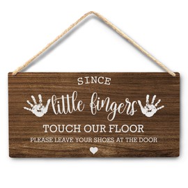 Wall Pediments Shoes Off Sign,Shoes Off Sign for Front Door,Since Little Fingers Touch Our Floor Door Sign,Shoes Off Hanging Welcome Sign for Front Door,10x8 Inches，Wood Grain-5