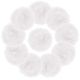 10Pcs White Faux Fur Pom Poms for Hats - 2.3 Inch Fluffy With Elastic Loop for DIY Crafts