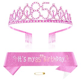 Pink 85th Birthday Crown and Sash Girl 85th Birthday Decoration Rhinestone Birthday Tiara Princess Crown Queen Tiara Birthday Sash Girls 85th Birthday Decoration Party Clothing Accessories,