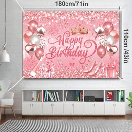 Lnkdeya Pink Rose Glitter Birthday Backdrop - 71x43 in for Women Girl Party Decorations Reusable Photography Backgrounds with Happy Birthday Banner for 30th 40th 50th 60th 70th 80th