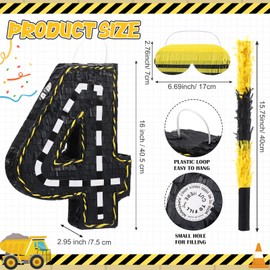 Poen Construction Piñata Decorations 16 Inch Race Car Road Number Piñata with Blindfold Stick and Confetti for Birthday Construction Truck Race Car Theme Party Supplies Centerpiece Decors(Number 4)