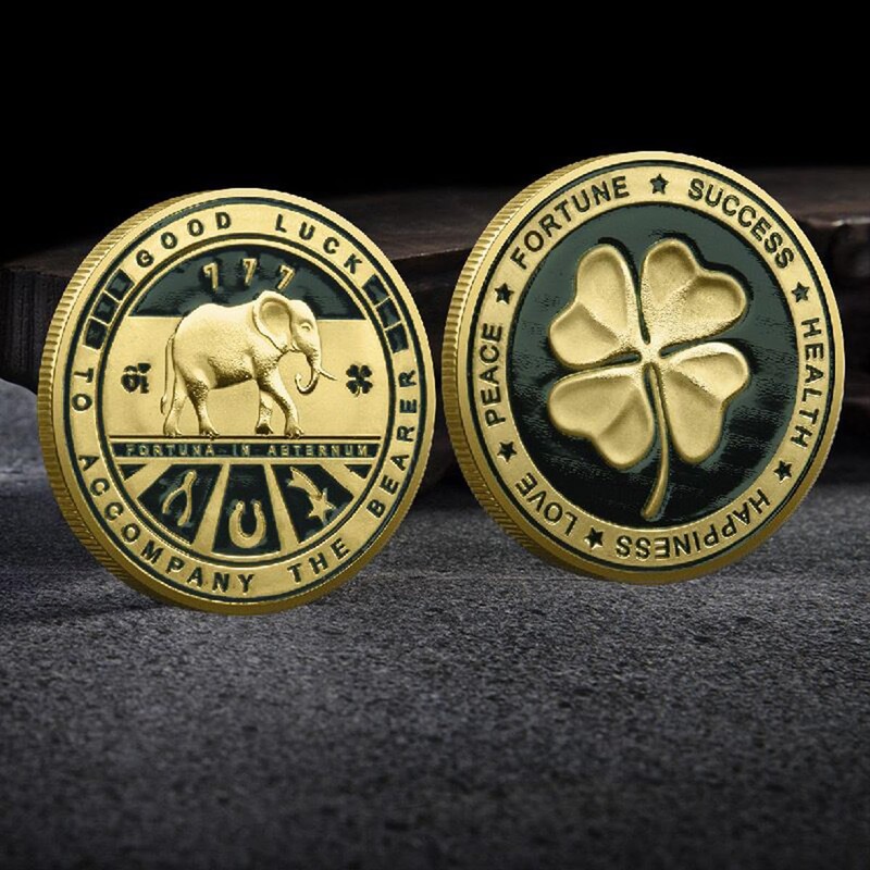 HARPIMER Lucky Coin with Four Leaf Clover and Elephant and