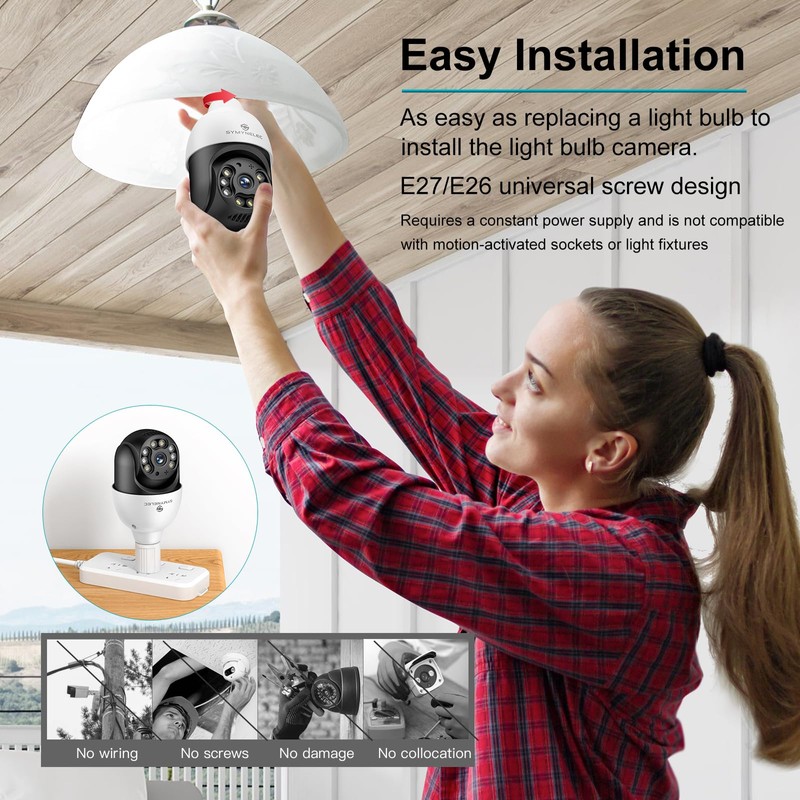 SYMYNELEC 5GHz/2.4GHz Light Bulb Security Camera Outdoor Waterproof 2.5K, Dual-Band