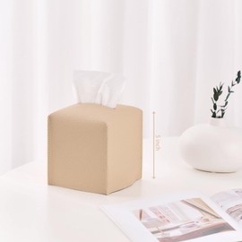 Leather Tissue Box Cover Holder with Bottom, Decorative Vintage Napkin Paper Organizer for Bathroom, Car, Office, Modern Home Decor (Beige)