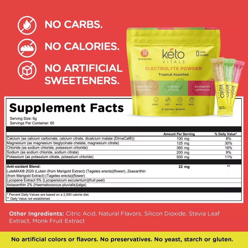 Keto Vitals Tropical Electrolyte Powder Stick Packs Tropical Assorted 30CT