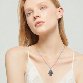 VONALA Hamsa Hand Necklace Hand of Fatima Necklace Pendant with Black/Abalone Shell Good Luck Amulet Jewellery Gifts for Women Mother Sister Birthday, Sterling Silver, No Gemstone