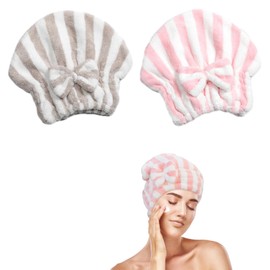 2PCS Microfiber Hair Drying Towels | Super Absorbent Turban Cap | Quick-Dry Head Wrap | Bow Knot Shower Cap | for Curly, Long, Thick Hair | Light Pink & Light Brown